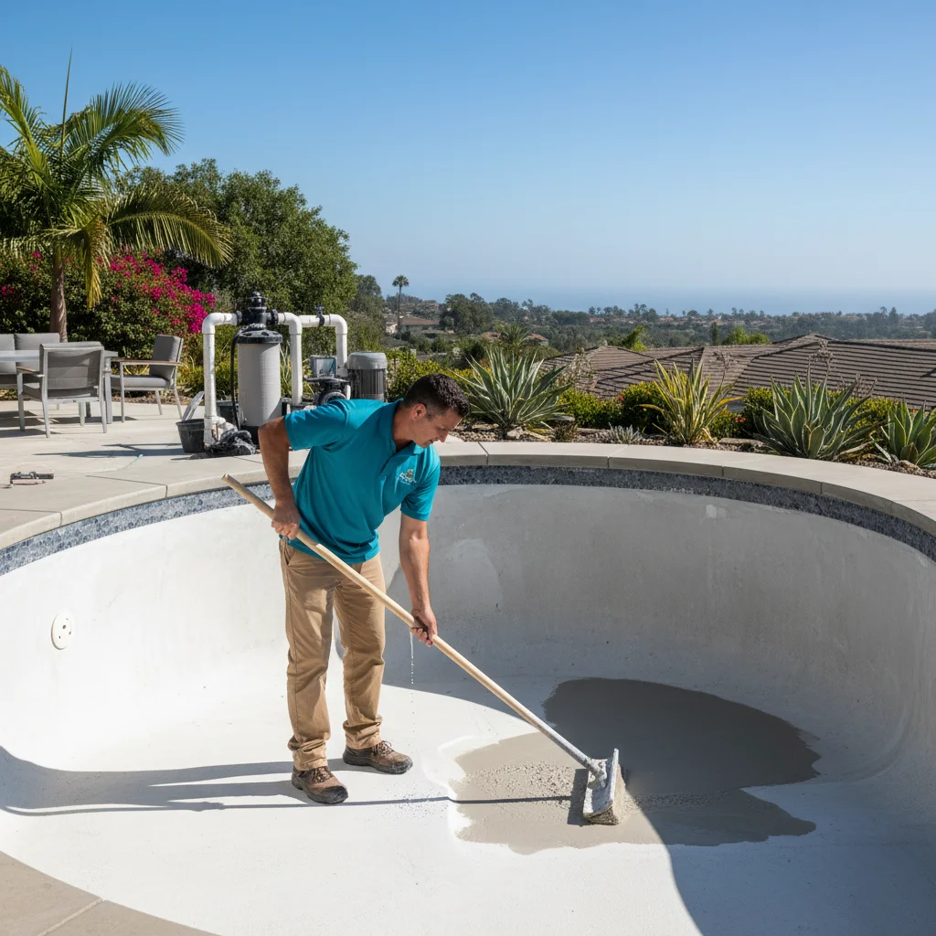 Pool technician testing water chemistry at the edge of a residential pool with a test kit and chemical bottles on a tray