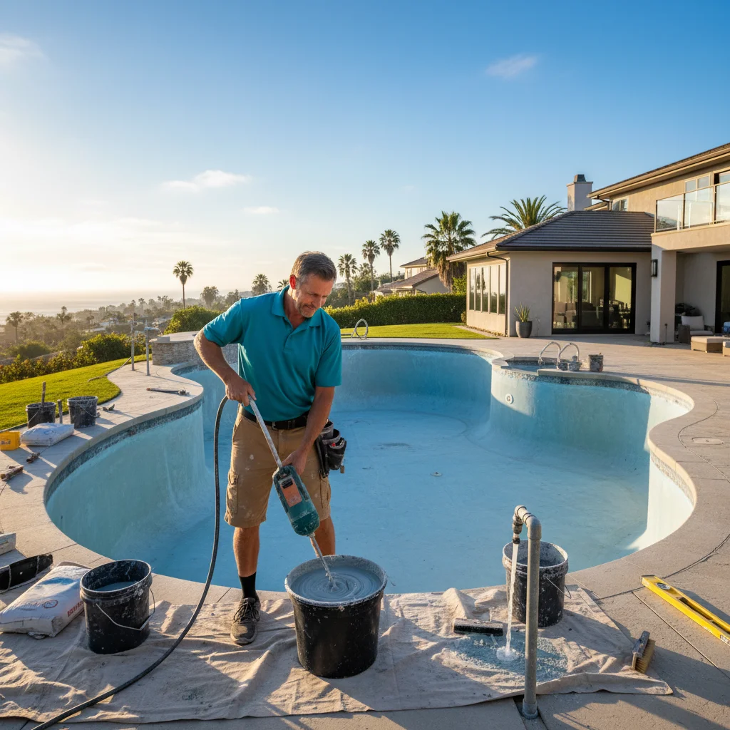 Illustration of a Southern California backyard pool scene representing pool pump repair Encinitas
