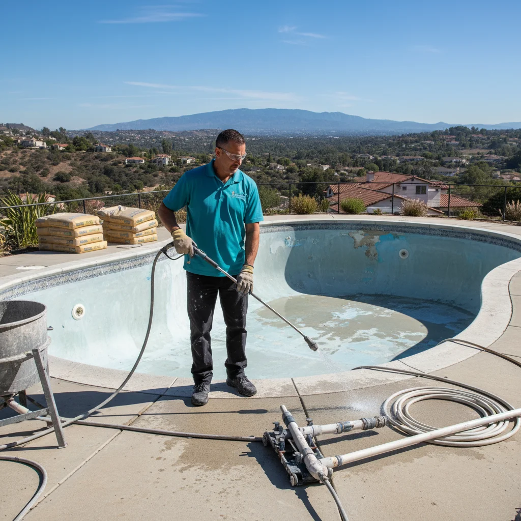 A freshly resurfaced swimming pool in an Escondido backyard, gleaming under the sun.