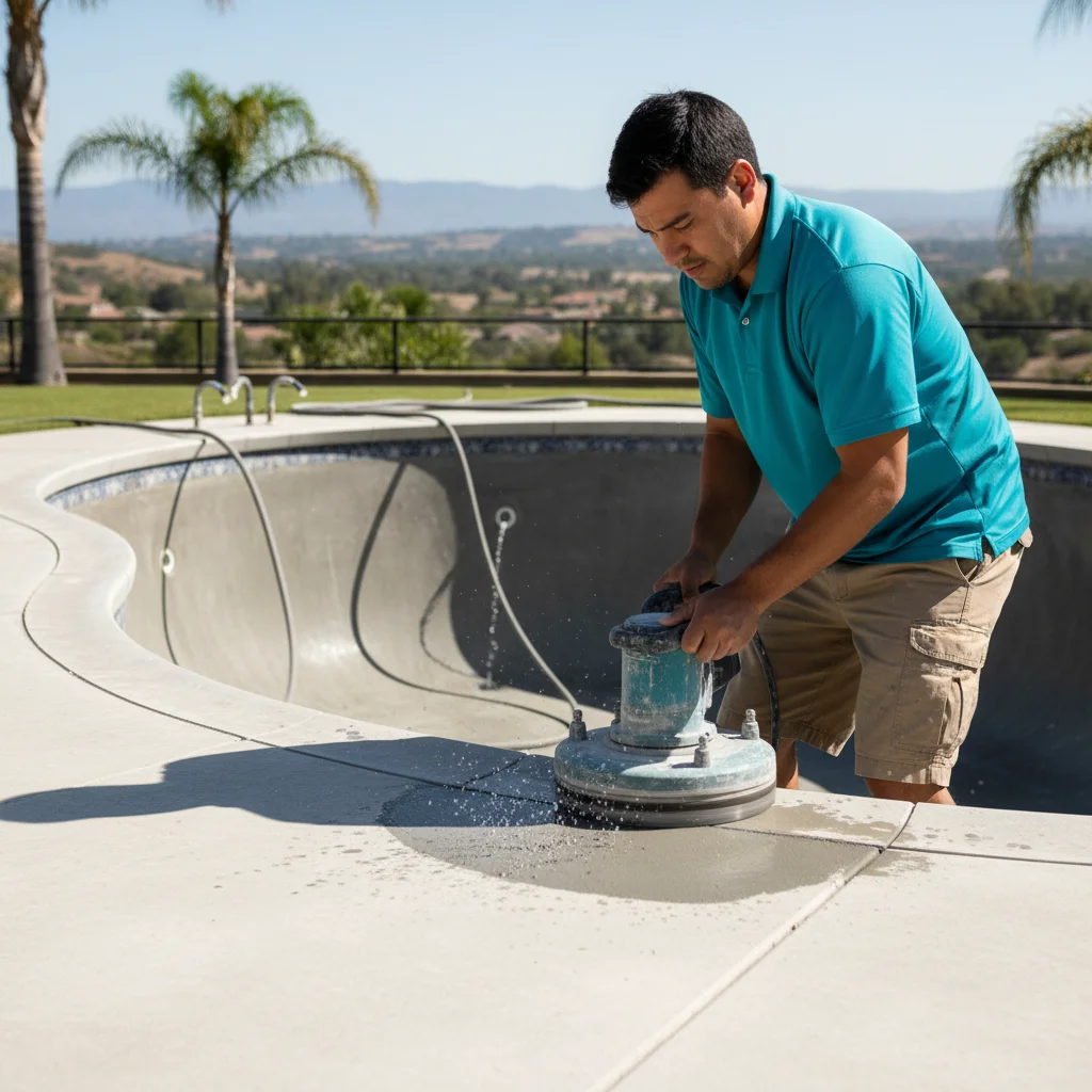 Close-up comparison of different pool surfaces: smooth plaster, textured quartz, and bumpy pebble tec.