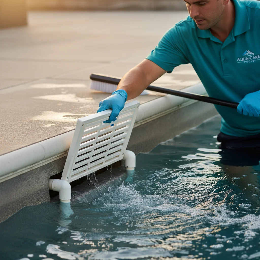 Close-up of a skimmer weir door being inspected, technician's gloved hand holding it open.