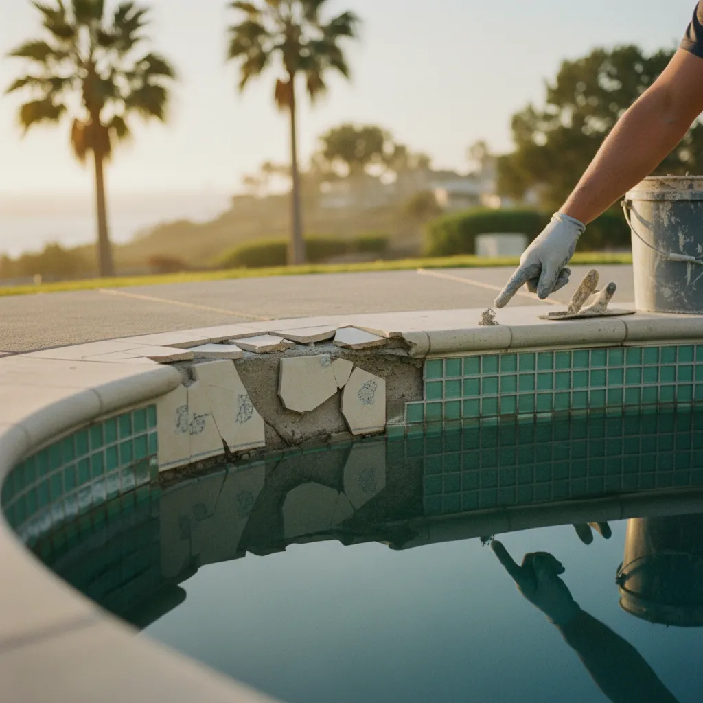 A few cracked and missing pool tiles at the waterline next to a section of newly