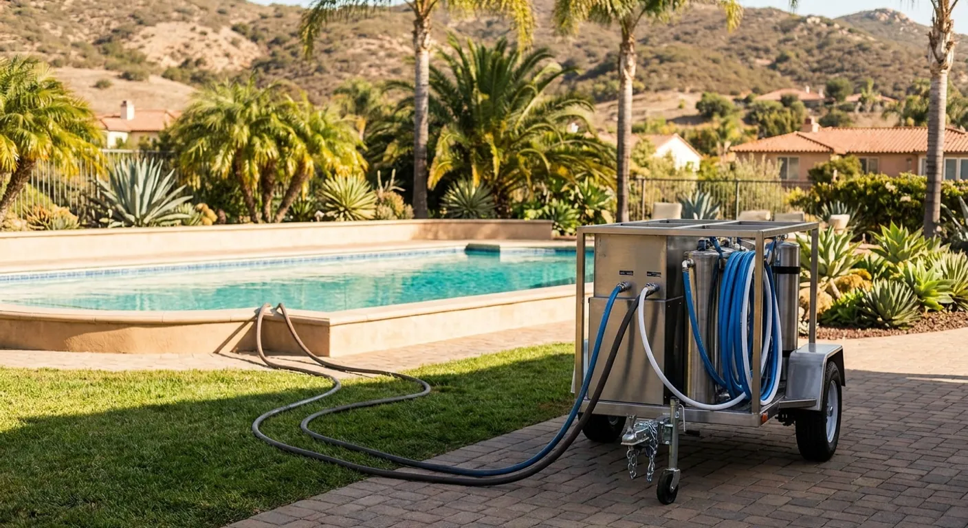 A mobile reverse osmosis pool water recycling trailer parked in a San Diego driveway, hoses running to a backyard pool, filtered water returning clear on a sunny afternoon.