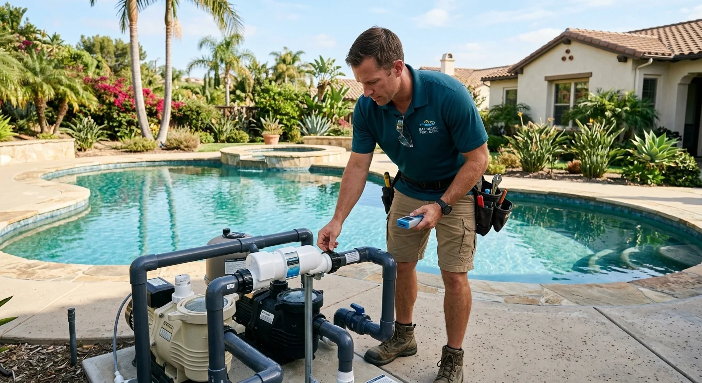 Pool professional inspecting a salt cell beside a San Diego pool