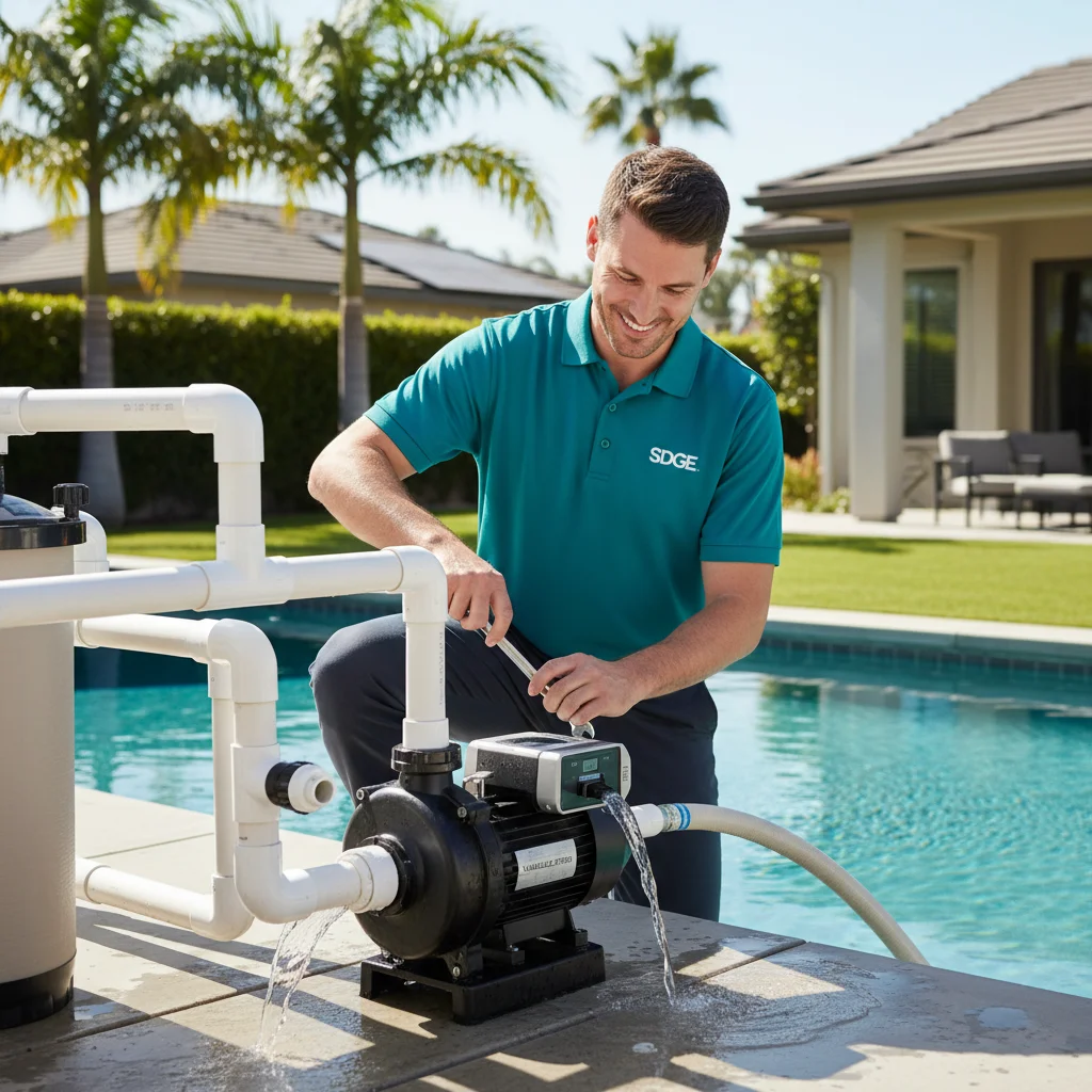 A modern variable speed pool pump installed on a clean equipment pad.