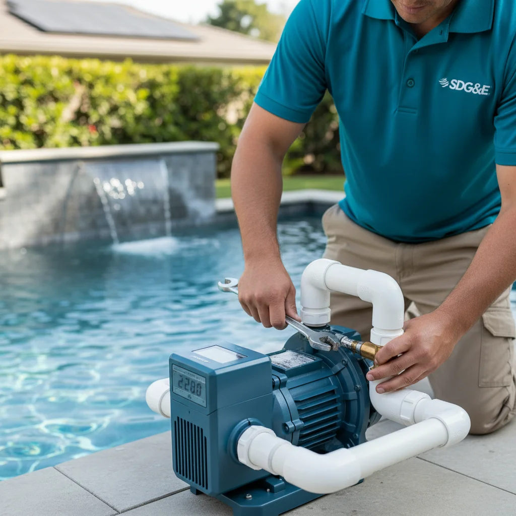 Close-up of a variable speed pool pump's digital control panel.