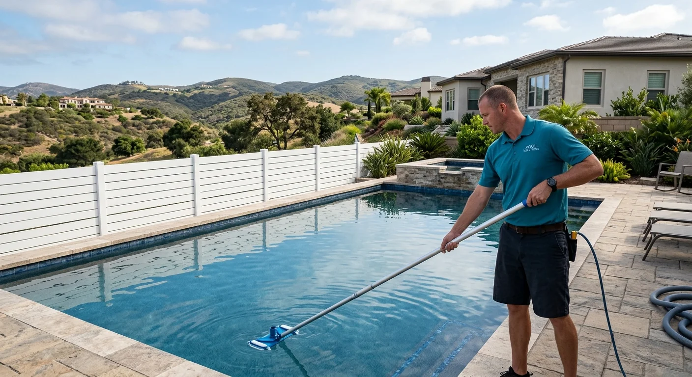 Rectangular pool at an estate home with white fencing and rolling hills
