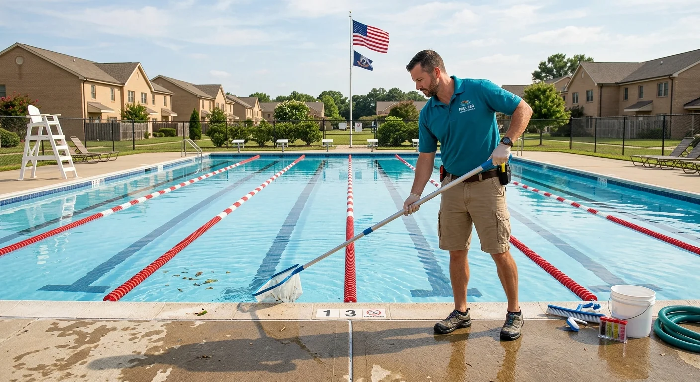 Community pool with lane lines near family housing