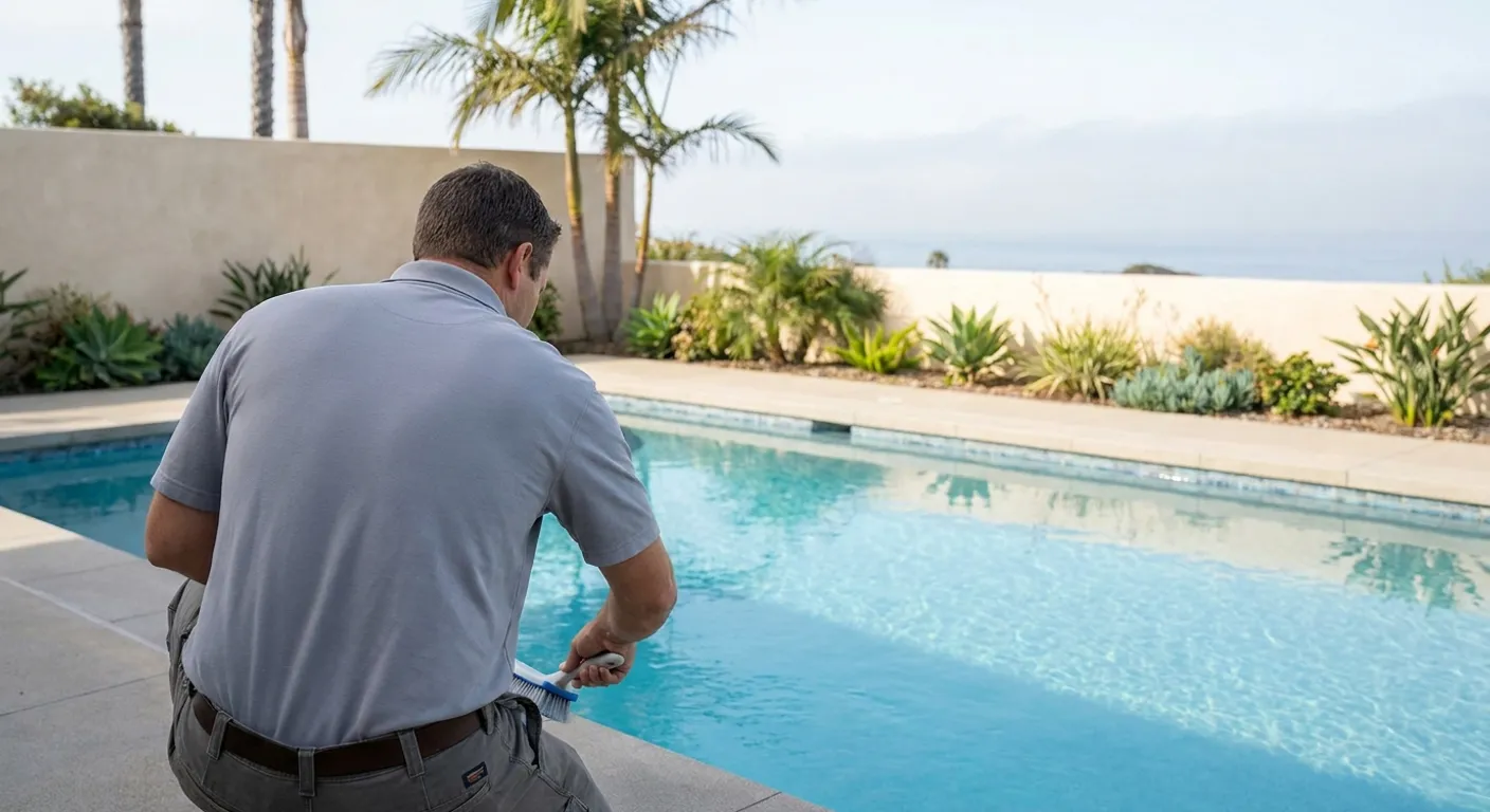 Pool technician brushing the tile line of a backyard pool in a coastal Encinitas yard with palm trees