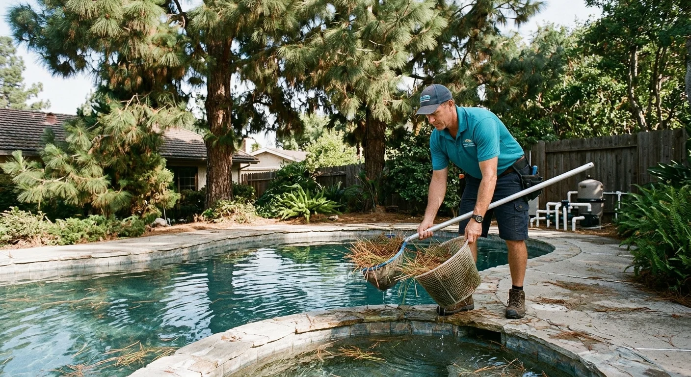 Kidney-shaped pool under mature pines with a skimmer catching needles