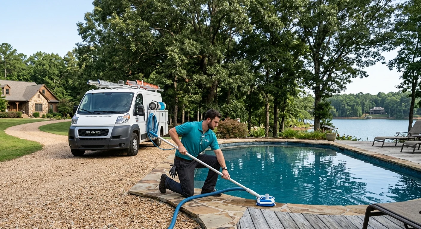 Service truck parked beside a rural backyard pool with oak trees behind
