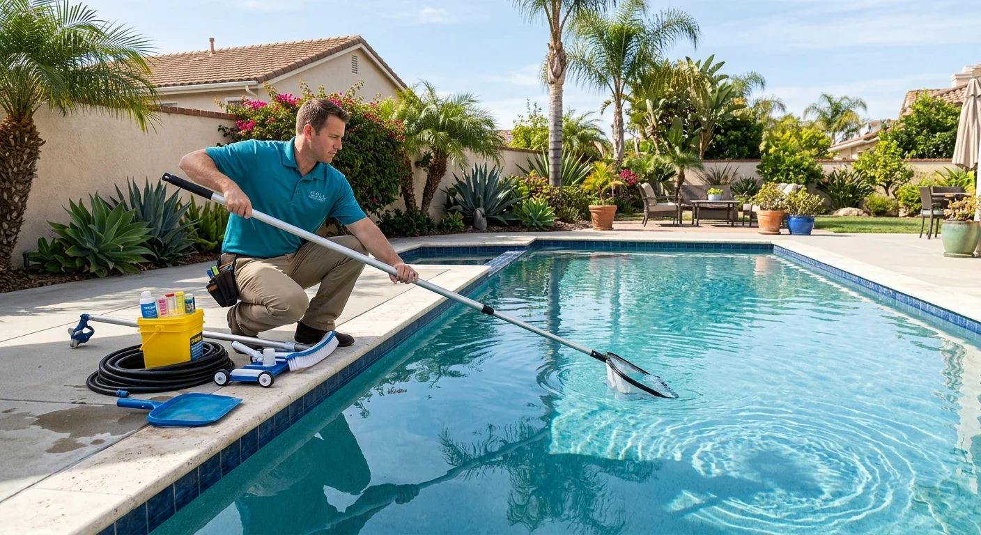 Pool professional skimming a sparkling residential pool in an Oceanside backyard