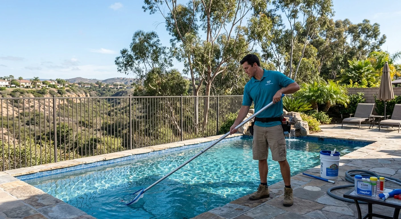 Backyard pool on a canyon rim with eucalyptus beyond the fence