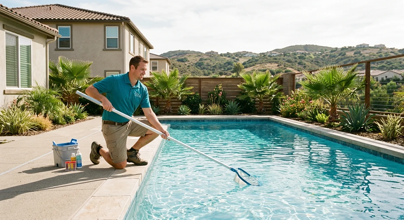Pool in a newer San Marcos backyard with palms and inland hills