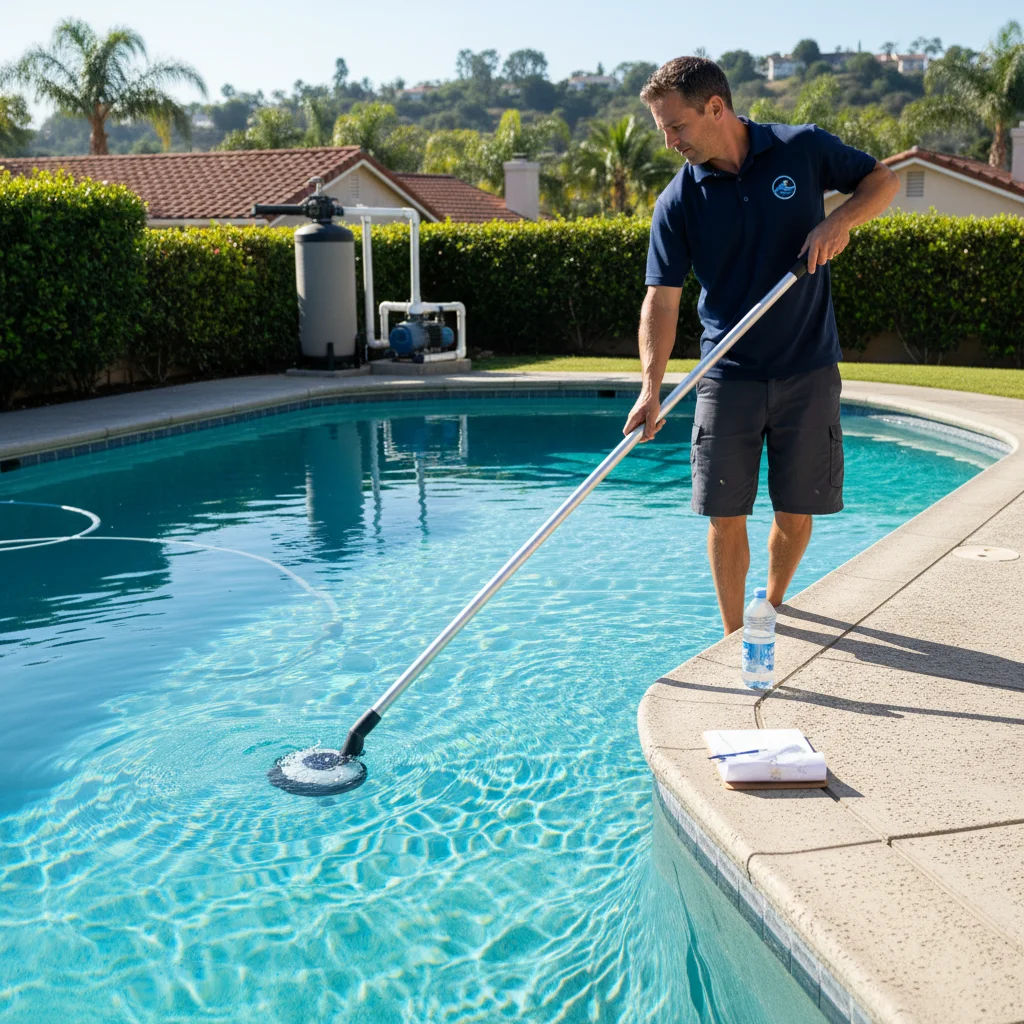 Pool technician brushing calcium buildup off tile at a rural pool near the San Luis Rey River valley in Bonsall