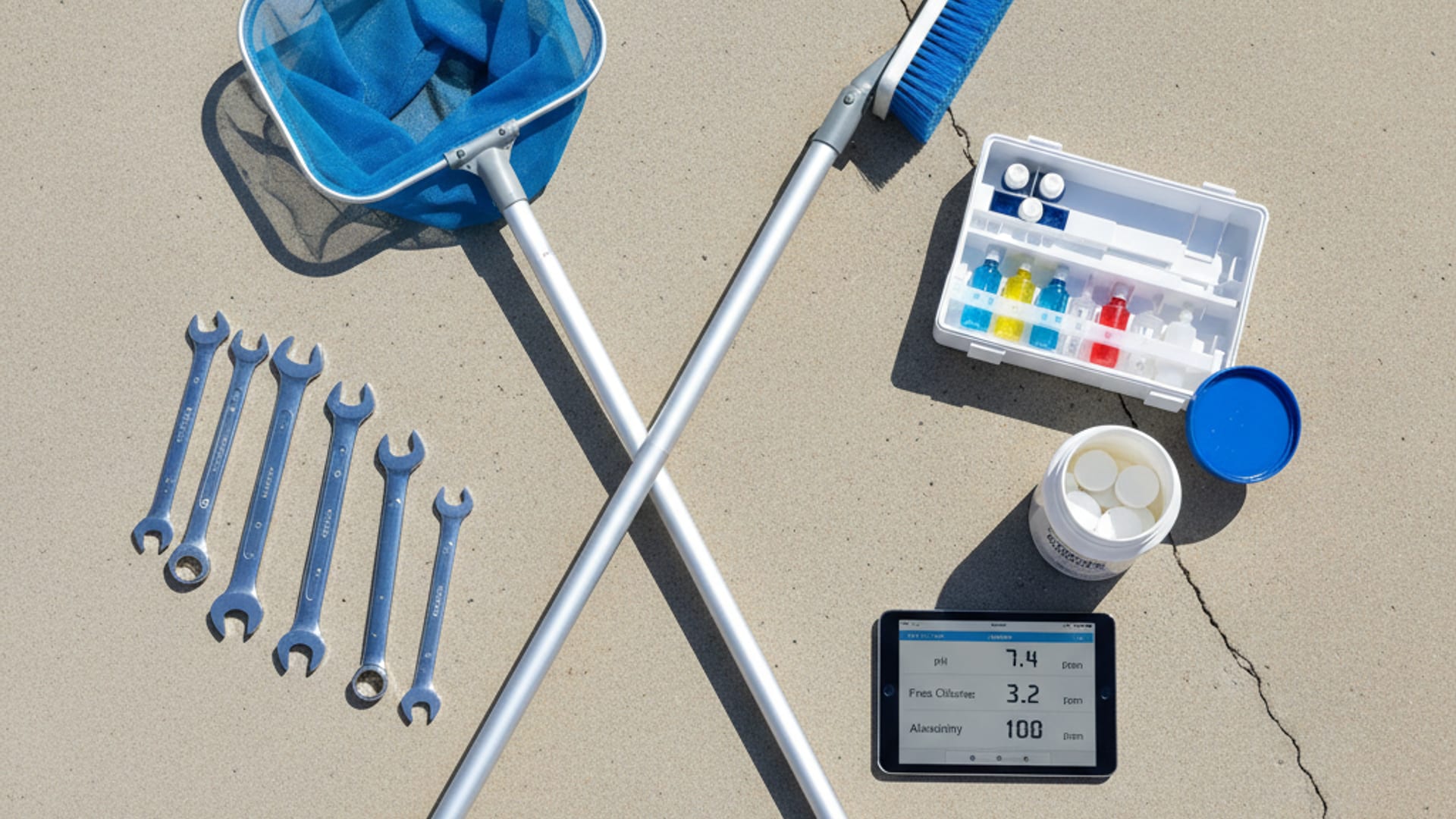 Splash Pro Pools technician vacuuming a residential pool with the skimmer and net visible