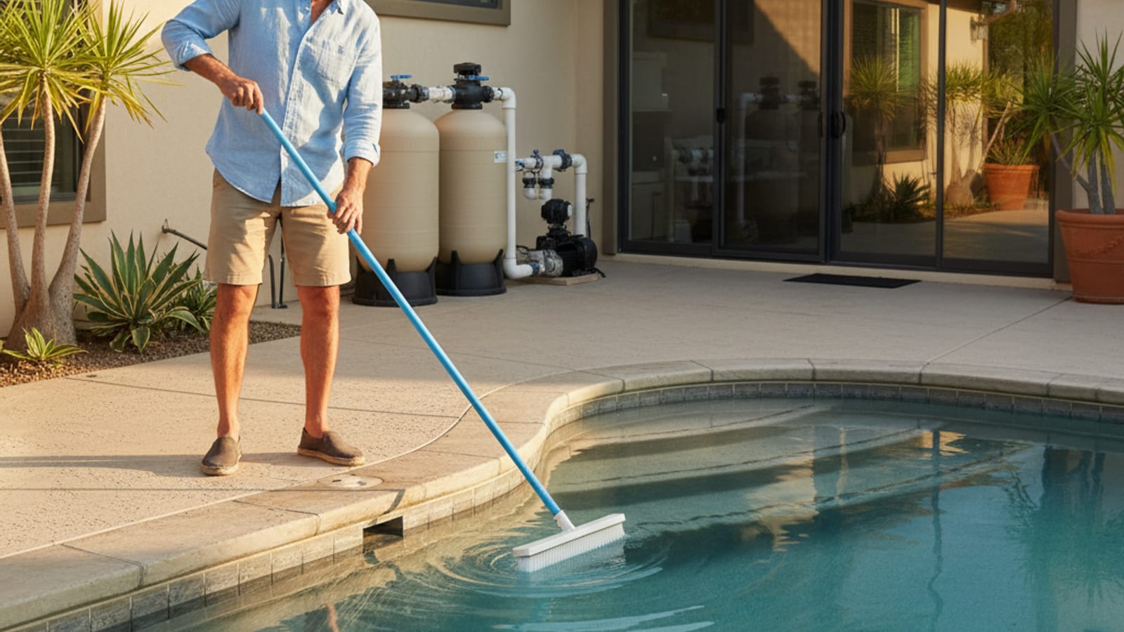 Pool owner using a nylon brush on a telescoping pole to brush the pool wall near the steps