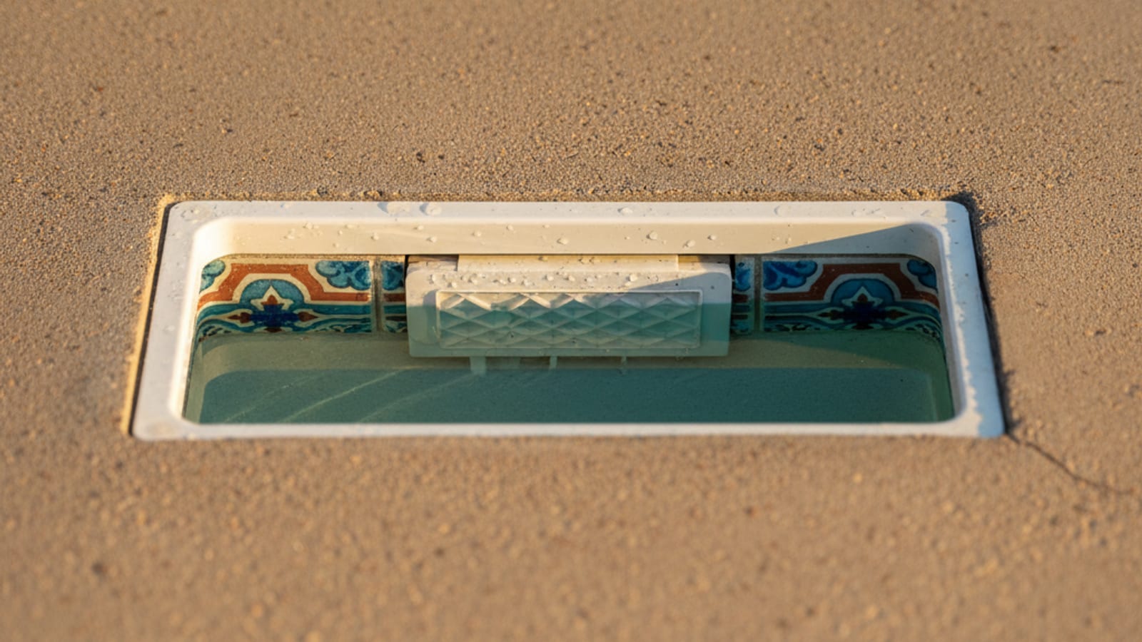Close-up of a pool skimmer mouth with water level at the ideal middle position, showing the tile line on the pool wall